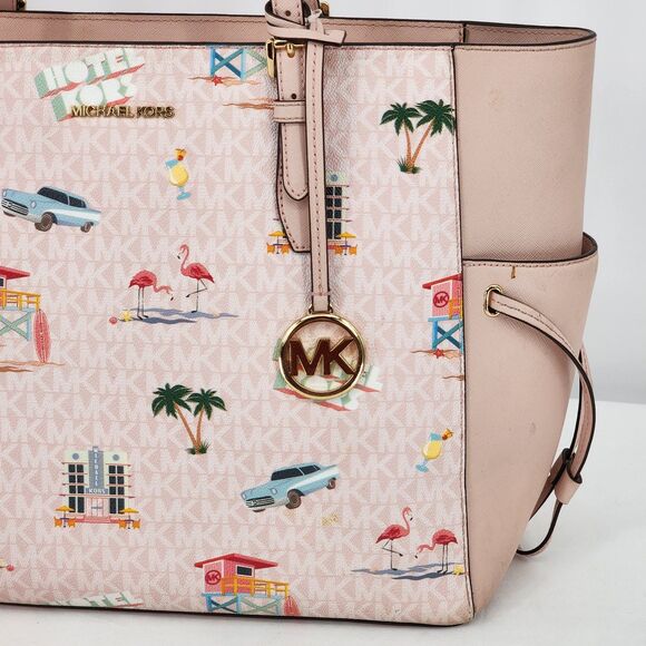 Michael Kors Gilly Beach Pink Logo Large Drawstring Travel Tote Bag - Picture 11 of 15